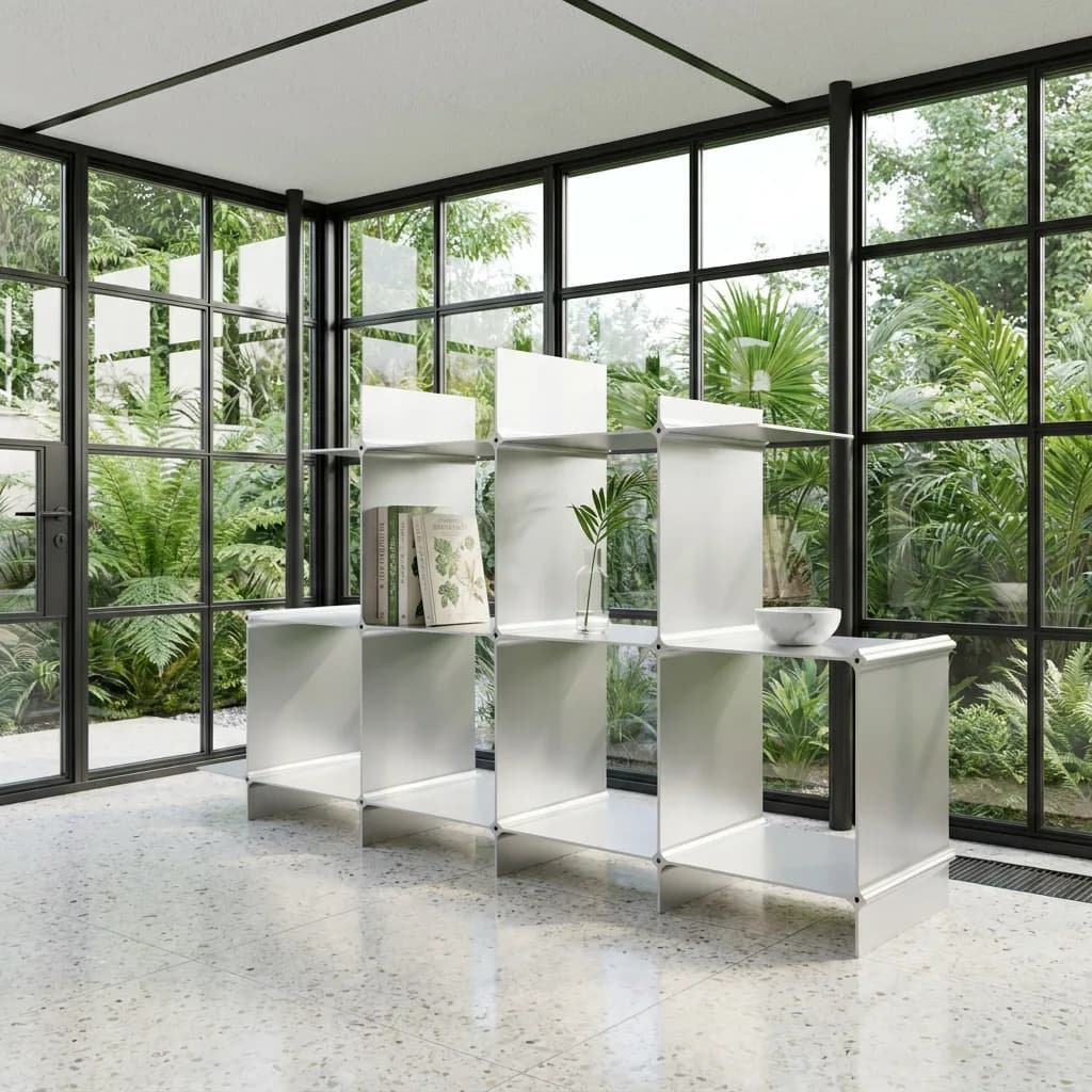 White Montique shelf in a bright conservatory with greenery behind muntin windows